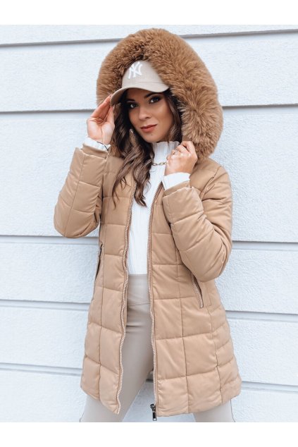 Dlouhá prošívaná zimní bunda s kožíškem béžová