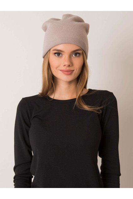 Jednoduchá čepice s kamínky a podílem vlny tmavě béžová