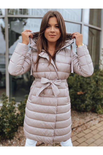 Dlouhá prošívaná bunda s páskem a kapucí béžová