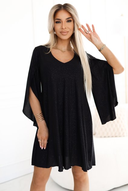 Elegantní šaty s motýlími rukávy - černé s třpytkami