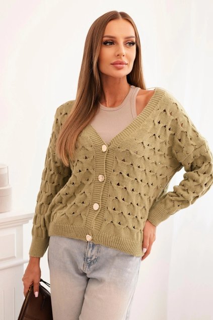 cze pl Svetr damsky ackovy s vystrihem do V a zlatymi knofliky olivovy 34187 1 result