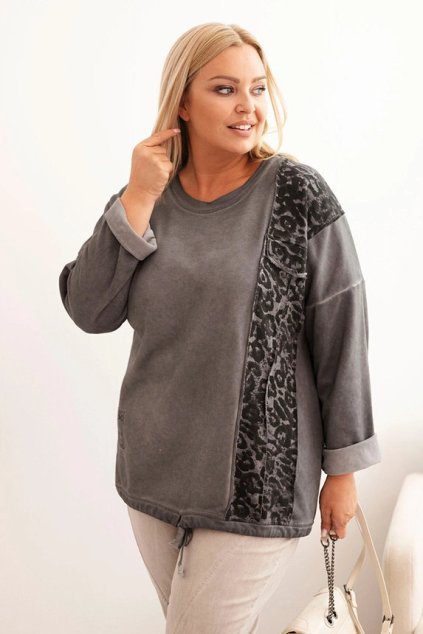 cze pm Damska mikina Plus Size s bavlnou a leopardim paskem a snurkou grafitova 34408 1 result