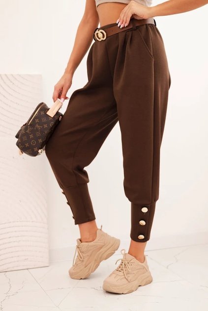 cze pl Damske kalhoty maslicko s ozdobnymi knofliky a paskem hnede 34691 2 result