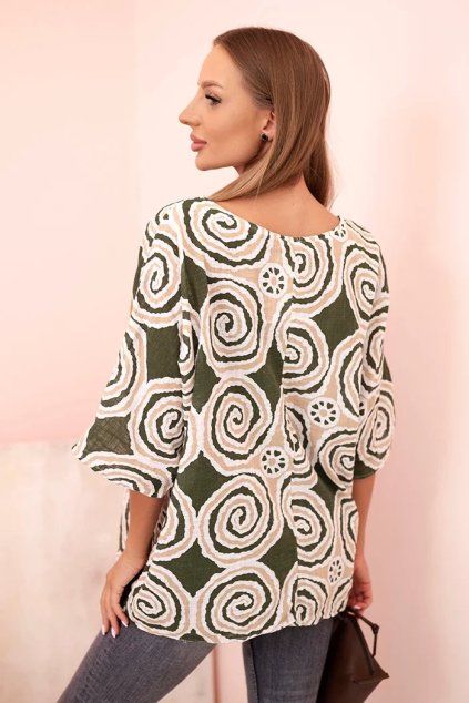 cze pl Damska bavlnena bluza s etnickymi vzory a ohrnutym rukavem khaki 33549 2 result