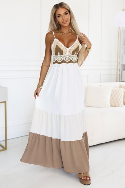 Dlouhé šaty na ramínka s háčkovaným topem