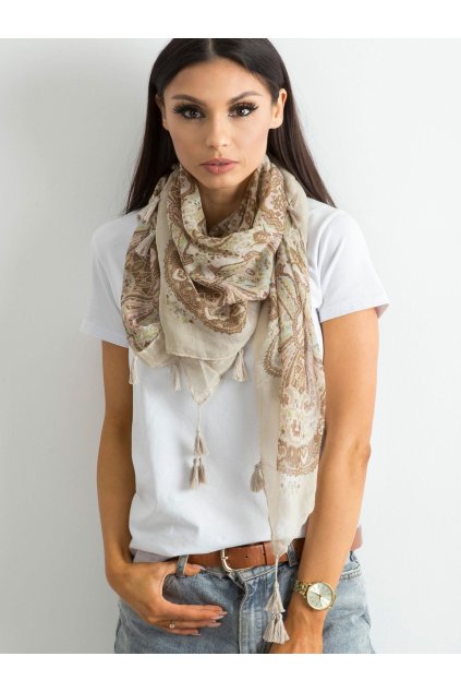 Šátek s potiskem a třásněmi béžový