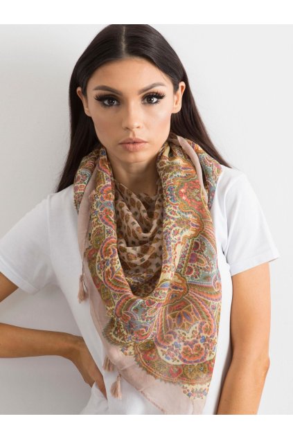 Šátek s potiskem a třásněmi růžový