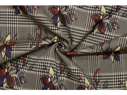 Kostýmová | kabátová látka - Pepito káro s vyšívaným květinovým vzorem