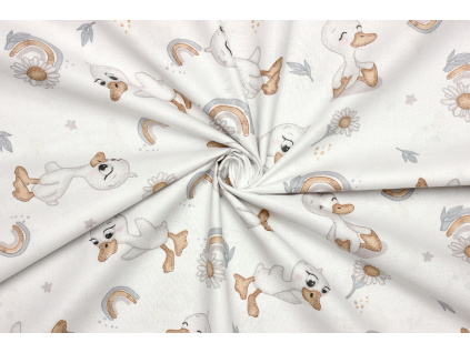 Bavlněné plátno - Dětský vzor kachnička a kopretiny