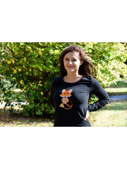 Vyšívané tričko s dlhým rukávom - Čierne-Líška