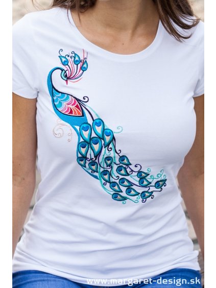 Vyšívané tričko - Páv-biele