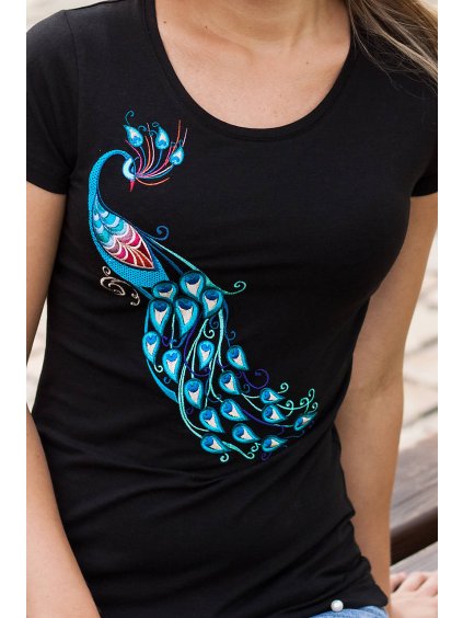 Vyšívané tričko –Páv-čierne