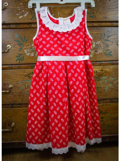 Dievčenské červené šaty vzor-margarétka