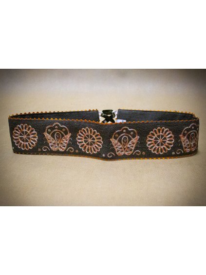 Vyšívaný ľanový opasok – Olivový - vzor Detva