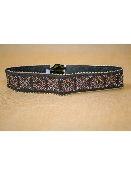 Vyšívaný ľanový opasok – Olivový - vzor Detva