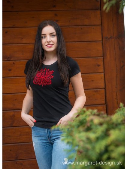 Dámske vyšívané tričko -Čierne- červená