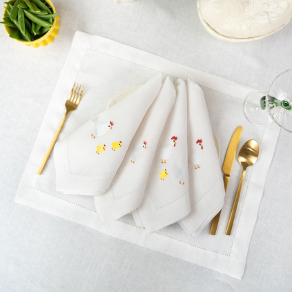 Le Poulailler – set 4 lněných ubrousků s výšivkou