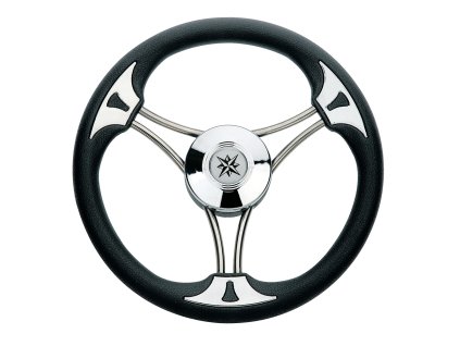 14631 cerny polyuretanovy volant s 3 dvojitymi nerezovymi paprsky a chromovanym vlozkami na uchytu prumer 35 cm