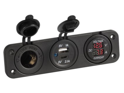 Panel s digitálním voltmetrem 8/32V, ampermetrem 0/10A, 12V zásuvkou a USB-A a USB-C