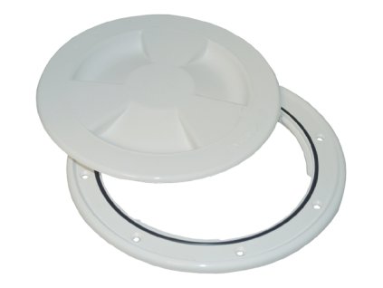 Kulaté inspekční víko v bílé barvě s těsnícím kroužkem na bajonetový uzávěr, vnitřní průměr 155 mm