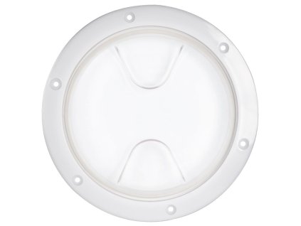 Kulaté šroubovací průhledné inspekční víko s bílým rámečkem a těsnícím kroužkem, vnitřní průměr 125 mm