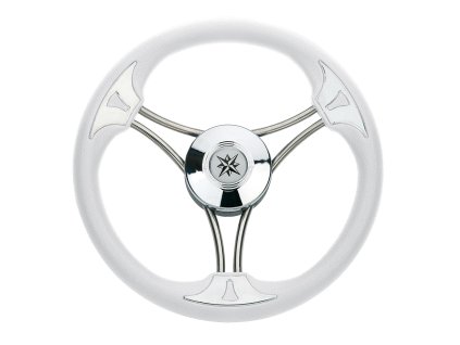561 1 bily polyuretanovy volant s 3 dvojitymi nerezovymi paprsky a chromovanym vlozkami na uchytu prumer 35 cm