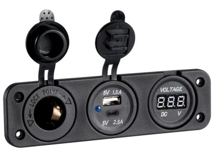 Panel s digitálním voltmetrem 8/32V, USB-A a USB-C zásuvkou a 12V zásuvkou