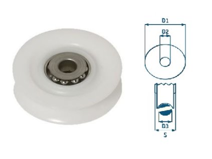 Plastová rolna Viadana s kuličkovým nerezovým ložiskem pro lana od průměru 8 - 12 mm (Velikost průměr 57 mm - pro lano o Φ 12 mm)