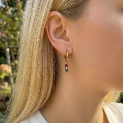 Náušnice kruhy se smaragdem a granátem