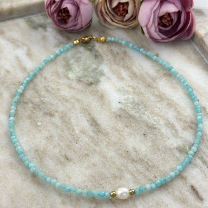 Náhrdelník s amazonitem a pravou perlou