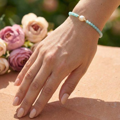 Náramek s amazonitem a pravou perlou