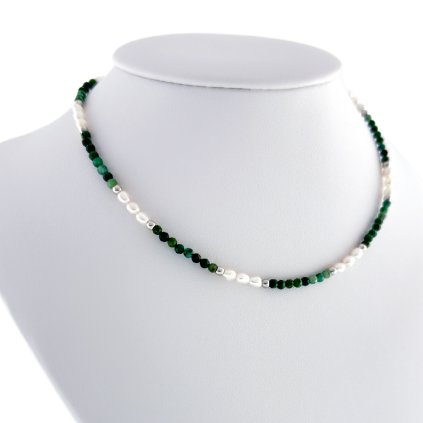 Náhrdelník choker z chirurgické oceli se smaragdy a říčními perlami Julia