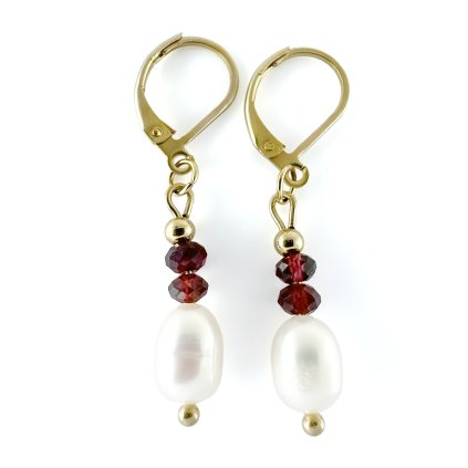 Visací náušnice s říční perlou a granátem