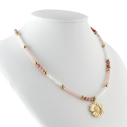 Náhrdelník s říčními perlami a rodonitem Rosa