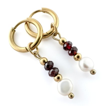 Kruhové náušnice s perlou a granátem Rina