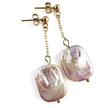 Visací náušnice s pravou růžovou barokní perlou - zlaté