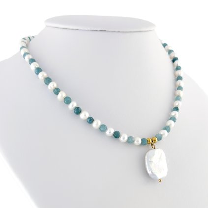 Náhrdelník z pravých perel a akvamarínu