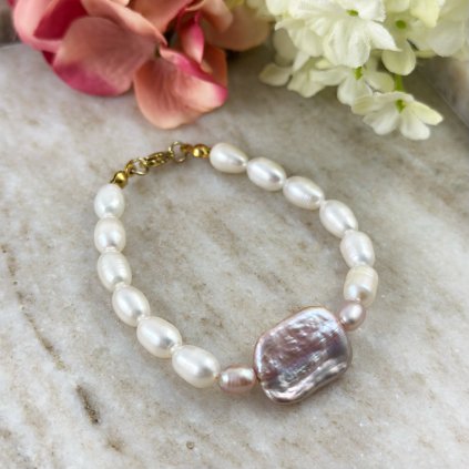Perlový náramek s růžovou barokní perlou