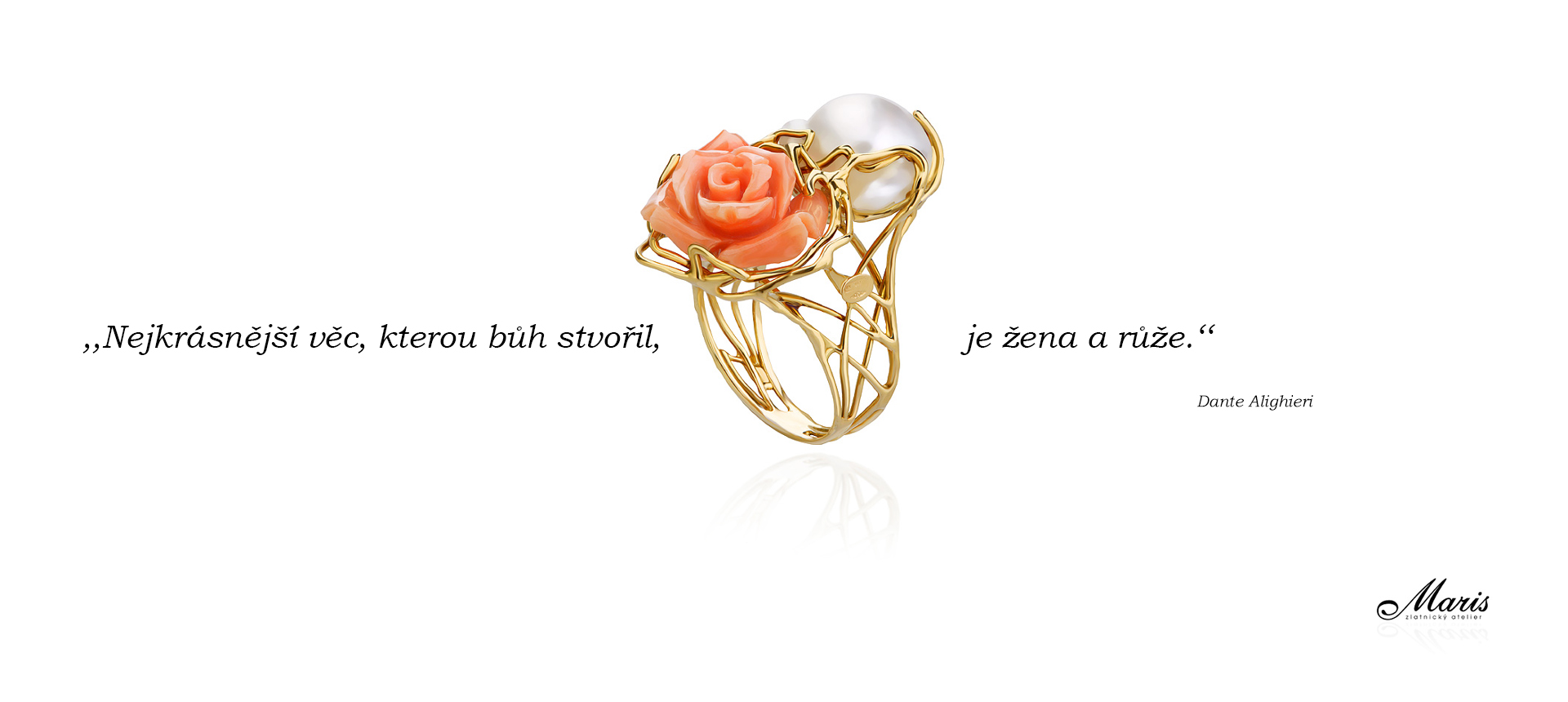 Prsten korálová růže s perlou