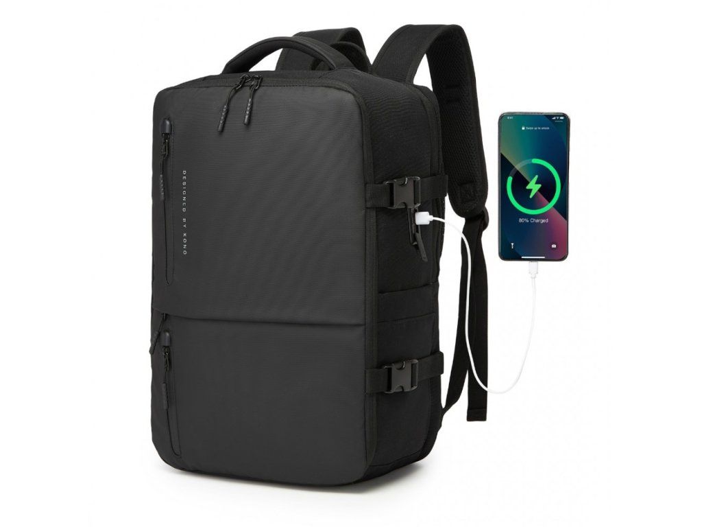 Kabinový batoh s USB a Type-C portem 25 L - KONO - černý