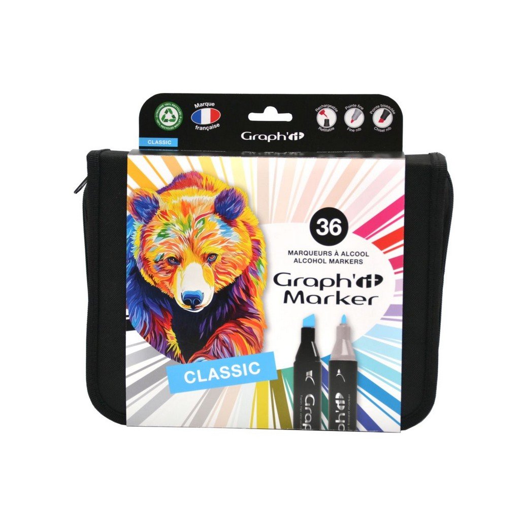 Liehové fixky GRAPH'IT obojstranné Fine & Chisel, 36 ks Basic Colors v peračníku