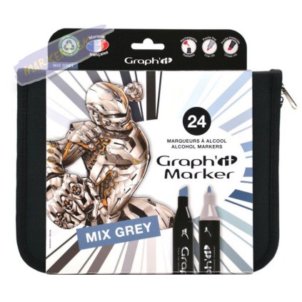Liehové fixky GRAPH'IT obojstranné Fine & Chisel, 24ks Mix Greys v peračníku