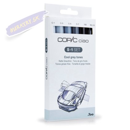 Liehové fixky COPIC Ciao obojstranné Brush & Chisel 5+1ks, šedé Cool