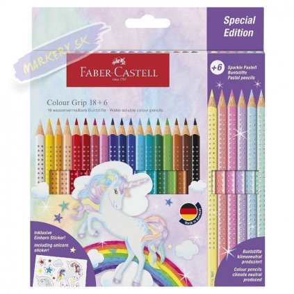 Školské akvarelové pastelky FABER-CASTELL Grip Unicorn, 18ks + 6ks trblietavé