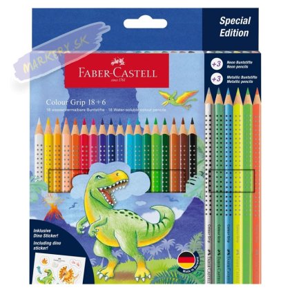 Školské akvarelové pastelky FABER-CASTELL Grip Dinosaurus, 18ks + 6ks metalické a neónové
