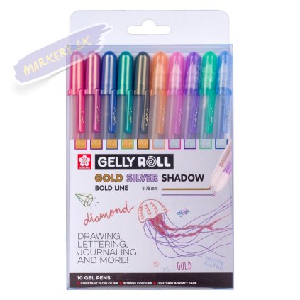 Gélové popisovače SAKURA Gelly Roll SHADOW, set 10ks Gold & Silver Shadow