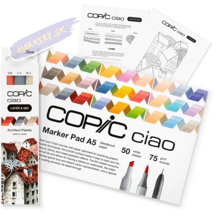 Liehové fixky COPIC Ciao obojstranné Brush & Chisel Starter Set, Architect Palette