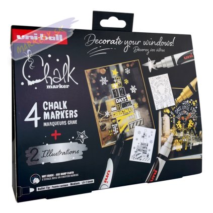 Kriedové fixky UNI CHALK 5M, 4ks Vianočná na okna Nordic + 2 šablóny A3