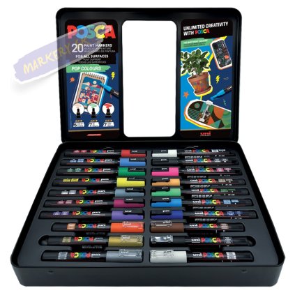 Akrylové fixky UNI POSCA Pop Colours, 20ks v kovovej krabičke