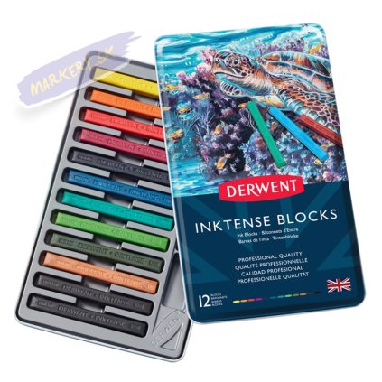 Akvarelové pastely DERWENT Inktense Blocks, 12ks v kovovej krabičke